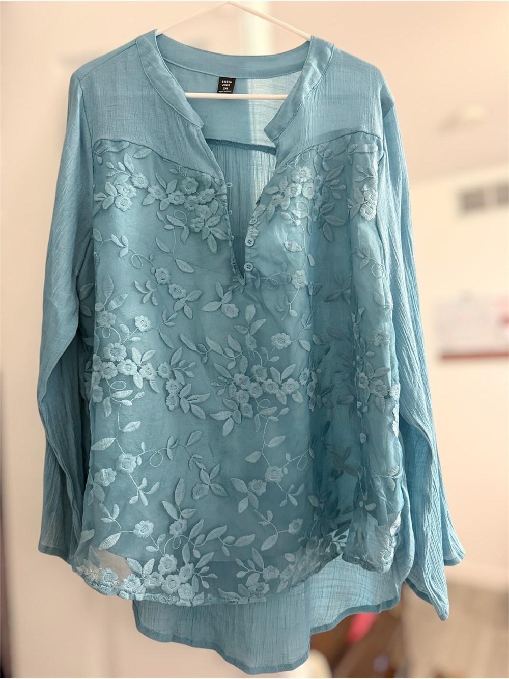 SHEIN Light Blue Floral Embroidered Tunic Blouse